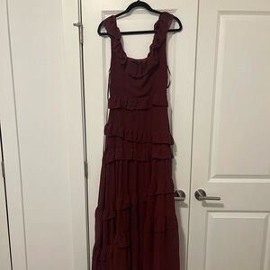 Elegant Lulu’s Burgundy Ruffle Maxi Dress